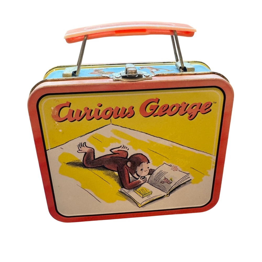 Vintage 1998 Curious George Tin Lunch Box Metal Latch Pink Classic